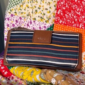 Relic Navy Striped Zip Wallet with Brown Trim